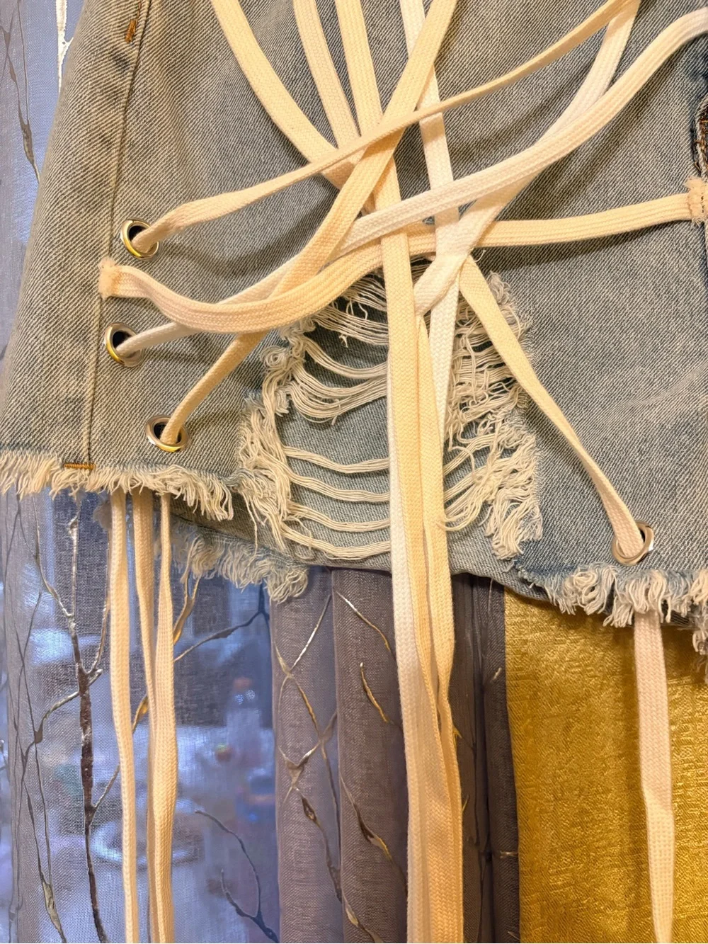 Denim Lace-Up Distressed Mini Skirt with Drawstring Details